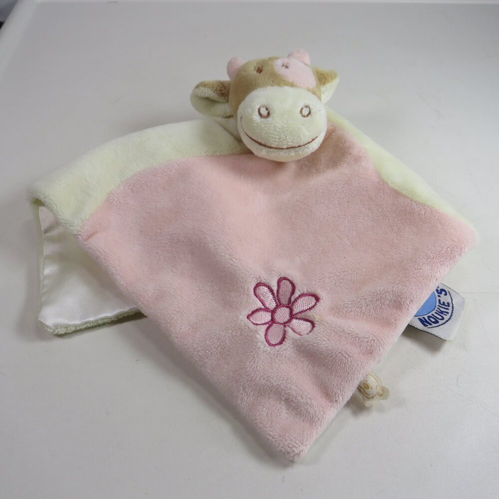 Baby Cow Blankie Lovey Fleece & Satin by Noukie 11x11" Pink & Cream Farmhouse